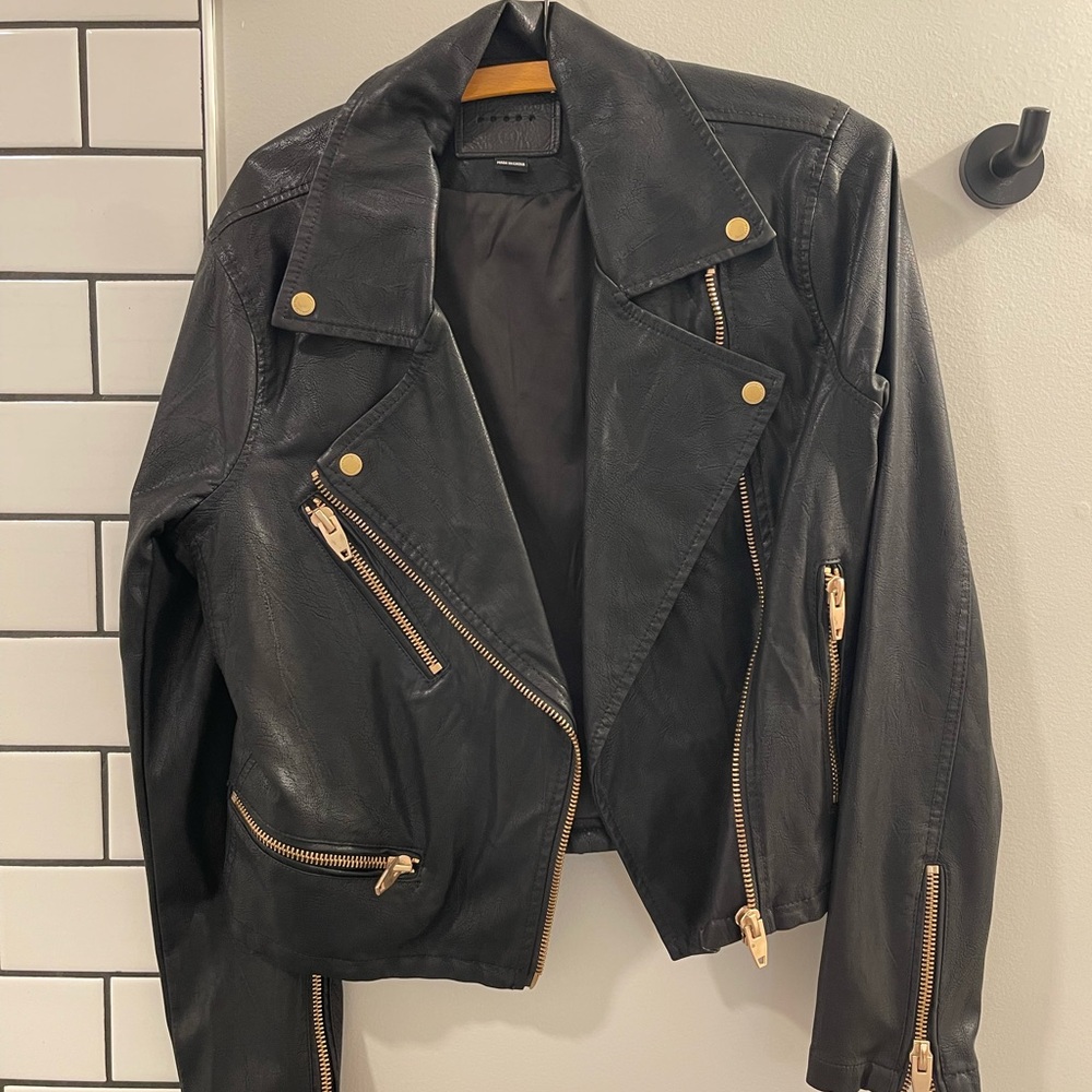 Blank NYC Black Leather Moto Jacket with Gold Accents